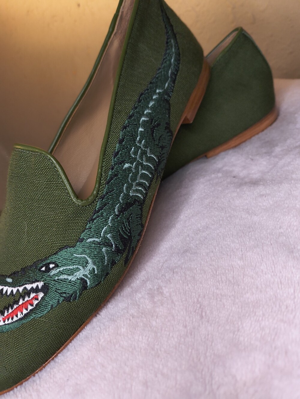 Zalo Green Canvas Dragon Embroidered Loafers - Picture 4 of 6